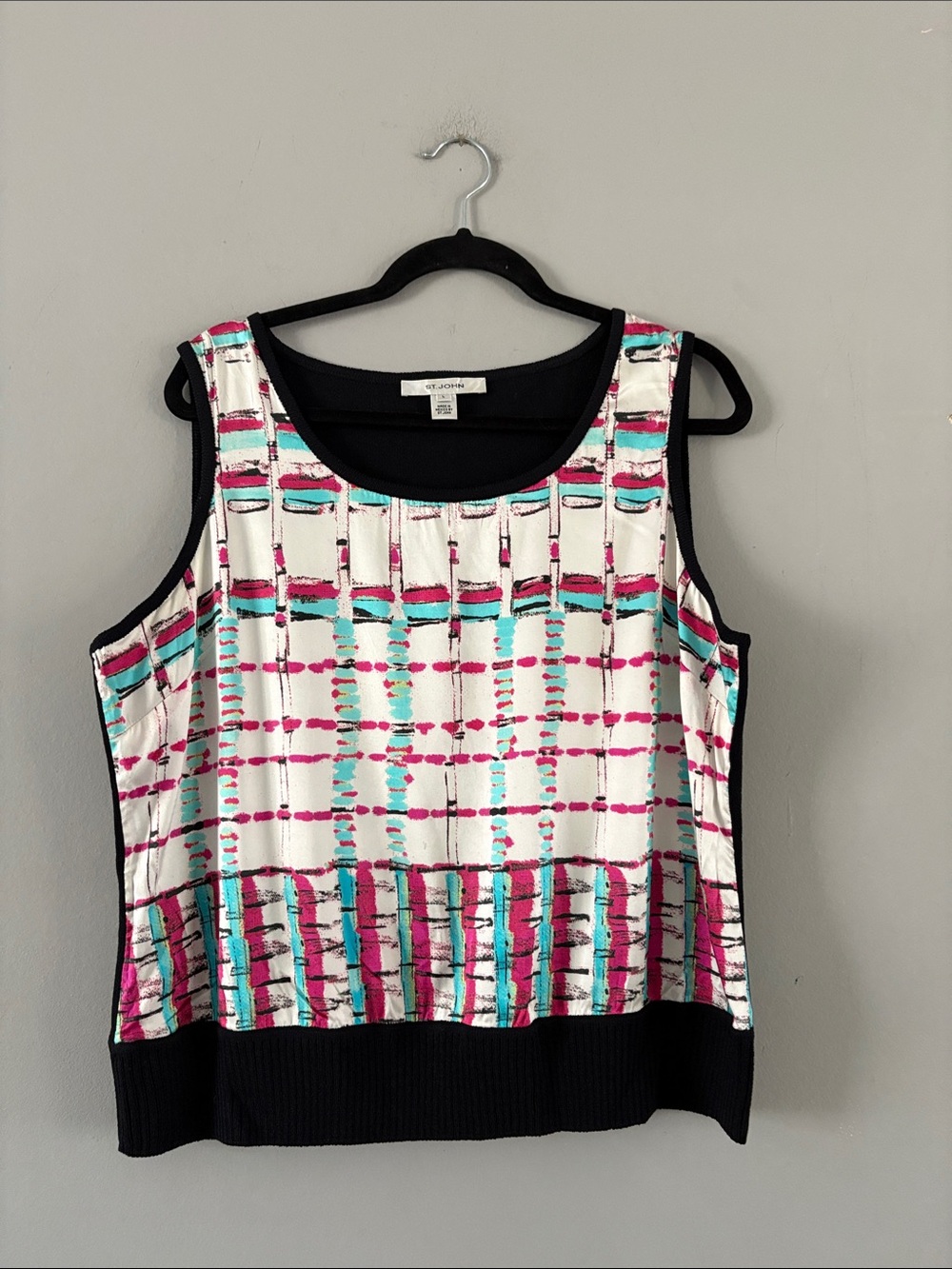 St. John Cream Tank Top with Pink and Teal Linear Silk Print and Black Wool Back